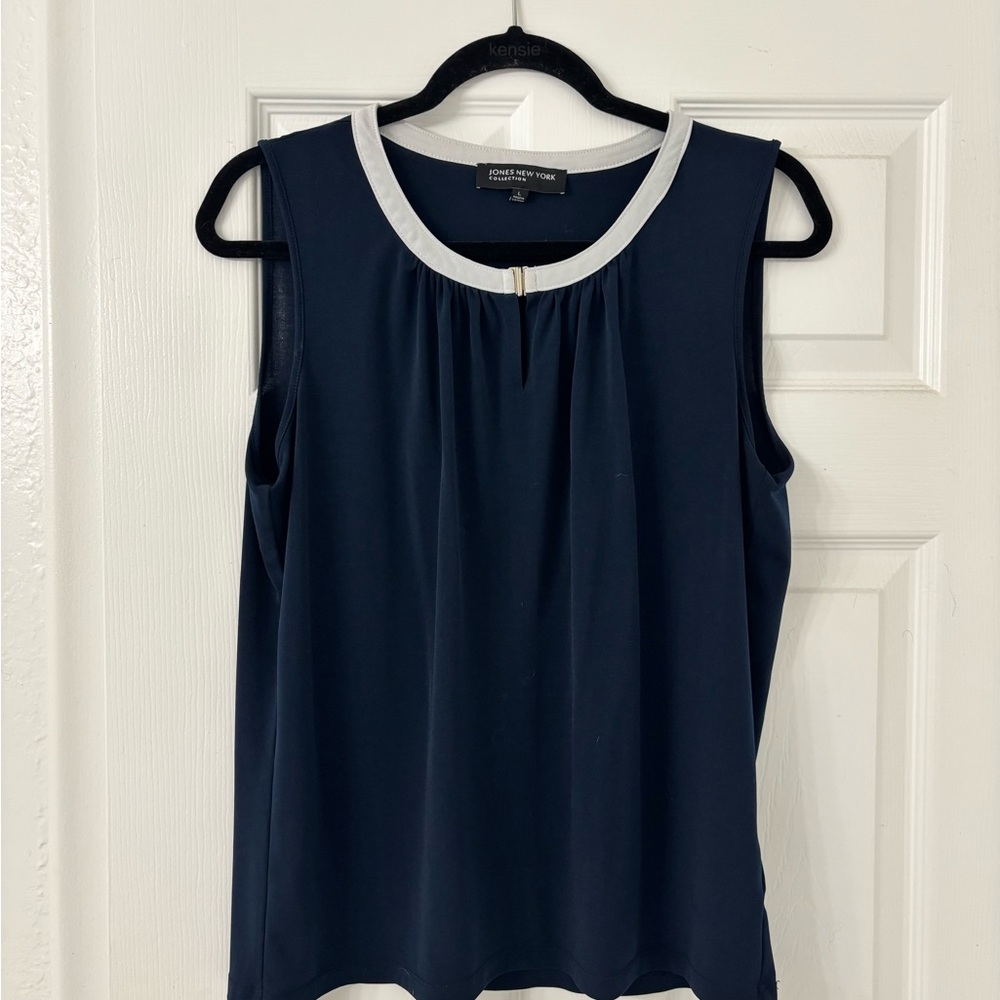 Jones New York Navy Blue Blouse with White Trim
